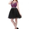 Floral Embroidered Short Illusion Black Dress By Star Box 17268