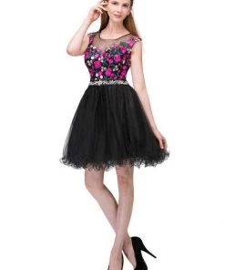 Floral Embroidered Short Illusion Black Dress By Star Box 17268