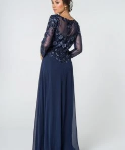 Floral Lace Long V-Neck Dress With Sleeves By Elizabeth K GL2825