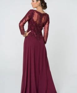 Floral Lace Long V-Neck Dress With Sleeves By Elizabeth K GL2825