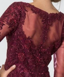 Floral Lace Long V-Neck Dress With Sleeves By Elizabeth K GL2825