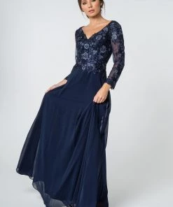 Floral Lace Long V-Neck Dress With Sleeves By Elizabeth K GL2825