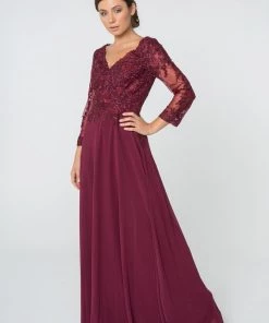 Floral Lace Long V-Neck Dress With Sleeves By Elizabeth K GL2825