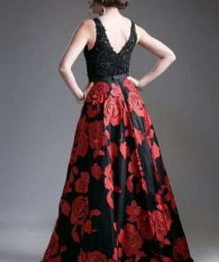 Floral Print Ball Gown With Lace Bodice By Cinderella Divine KC1790 Prom