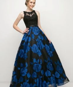 Floral Print Ball Gown With Lace Bodice By Cinderella Divine KC1790 Prom