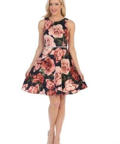 Floral Print Short Sleeveless Party Dress By Celavie 6338 Prom