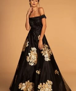 Elizabeth K Prom Floral Sequin Long Off The Shoulder Dress By GLS Gloria GL2542