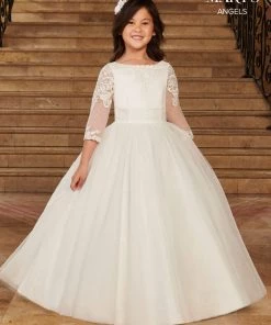 Mary's Bridal Angels Collection Flower Girl Dresses Girls 3/4 Sleeve Glitter Tulle Gown By Mary's Bridal MB9078