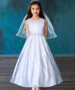 Calla Collection Flower Girl Dresses Girls Applique Long White Satin Dress By Calla D806