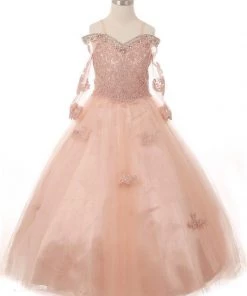 Cinderella Couture Girls Beaded Lace Off Shoulder Ball Gown With Sleeves