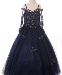 Cinderella Couture Girls Beaded Lace Off Shoulder Ball Gown With Sleeves