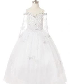 Cinderella Couture Girls Beaded Lace Off Shoulder Ball Gown With Sleeves
