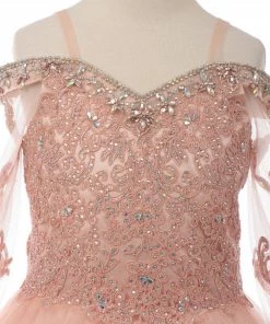 Cinderella Couture Girls Beaded Lace Off Shoulder Ball Gown With Sleeves