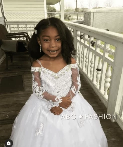 Cinderella Couture Girls Beaded Lace Off Shoulder Ball Gown With Sleeves