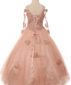 Cinderella Couture Girls Beaded Lace Off Shoulder Ball Gown With Sleeves