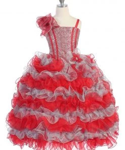 Calla Collection Girls Ruffled Long Sequin One Shoulder Dress By Calla NP060 Kids