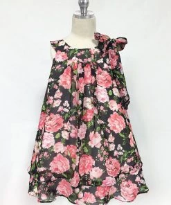 Calla Collection Girls Black/Pink Short Chiffon Floral Print Dress By Calla C621 Flower Girl Dresses