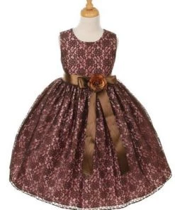 Cinderella Couture Girls Brown Raschel Lace Tea Length Dress With Flower Sash
