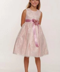 Cinderella Couture Girls Brown Raschel Lace Tea Length Dress With Flower Sash