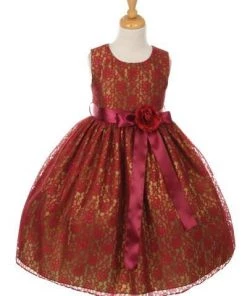 Cinderella Couture Flower Girl Dresses Girls Burgundy Raschel Lace Tea Length Dress With Flower Sash