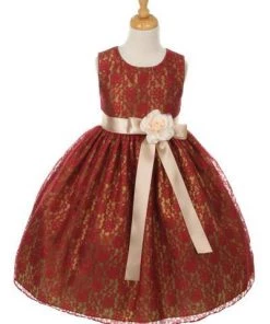 Cinderella Couture Flower Girl Dresses Girls Burgundy Raschel Lace Tea Length Dress With Flower Sash