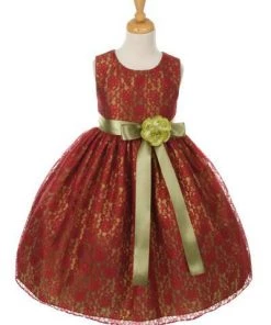 Cinderella Couture Flower Girl Dresses Girls Burgundy Raschel Lace Tea Length Dress With Flower Sash
