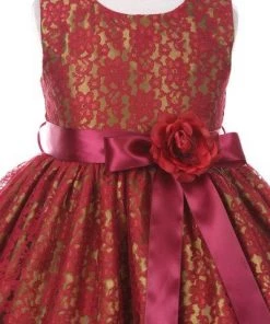 Cinderella Couture Flower Girl Dresses Girls Burgundy Raschel Lace Tea Length Dress With Flower Sash