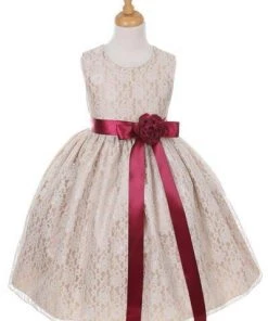 Cinderella Couture Flower Girl Dresses Girls Champagne Raschel Lace Tea Length Dress With Sash
