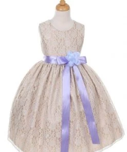 Cinderella Couture Flower Girl Dresses Girls Champagne Raschel Lace Tea Length Dress With Sash