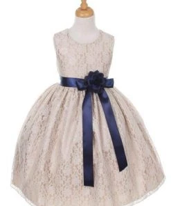 Cinderella Couture Flower Girl Dresses Girls Champagne Raschel Lace Tea Length Dress With Sash