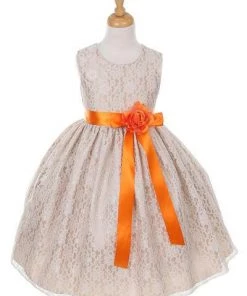 Cinderella Couture Flower Girl Dresses Girls Champagne Raschel Lace Tea Length Dress With Sash