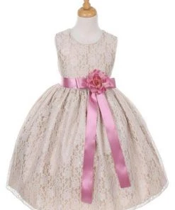 Cinderella Couture Flower Girl Dresses Girls Champagne Raschel Lace Tea Length Dress With Sash