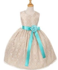 Cinderella Couture Flower Girl Dresses Girls Champagne Raschel Lace Tea Length Dress With Sash