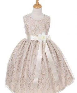Cinderella Couture Flower Girl Dresses Girls Champagne Raschel Lace Tea Length Dress With Sash