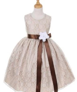 Cinderella Couture Flower Girl Dresses Girls Champagne Raschel Lace Tea Length Dress With Sash