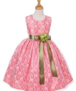 Cinderella Couture Girls Coral Raschel Lace Tea Length Dress With Sash Flower Girl Dresses