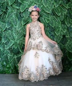 Calla Collection Flower Girl Dresses Girls Embroidered Long High Neck Dress By Calla KY214