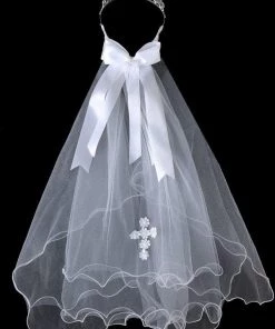 Calla Collection Girls First Communion Crown Veil With Embroidered Cross Kids