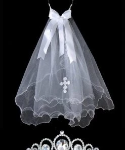 Calla Collection Girls First Communion Crown Veil With Embroidered Cross Kids