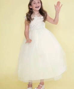 Calla Collection Girls Full Length Dress With Lace Bodice Short Sleeves 7 Calla Collection Girls Full Length Dress With Lace Bodice Short Sleeves