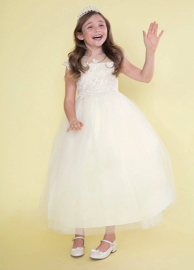 Calla Collection Girls Full Length Dress With Lace Bodice Short Sleeves 5 Calla Collection Girls Full Length Dress With Lace Bodice Short Sleeves