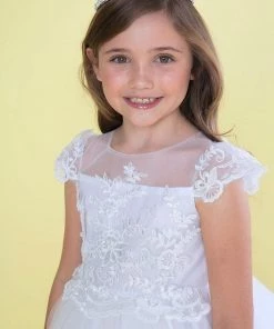 Calla Collection Girls Full Length Dress With Lace Bodice Short Sleeves