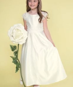 Calla Collection Flower Girl Dresses Girls Full Length Satin Dress With Short Lace Sleeves