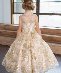 Calla Collection Girls Gold Long Sequin Floral Print Dress By Calla KY215