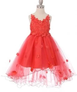 Girls High Low Dress With 3D Appliques By Cinderella Couture 9019 18 Girls High Low Dress With 3D Appliques By Cinderella Couture 9019