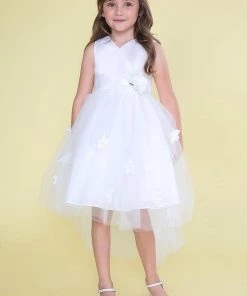 Calla Collection Girls High Low V-Neck Dress With Flower Sash Flower Girl Dresses