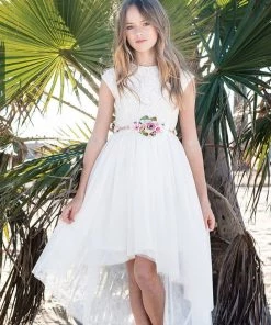 Calla Collection Girls Ivory High Low Dress With Lace Bodice And Floral Belt