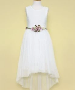 Calla Collection Girls Ivory High Low Dress With Lace Bodice And Floral Belt