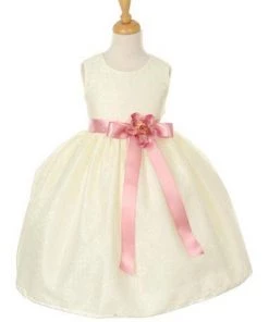 Cinderella Couture Girls Ivory Raschel Lace Tea Length Dress With Flower Sash Flower Girl Dresses