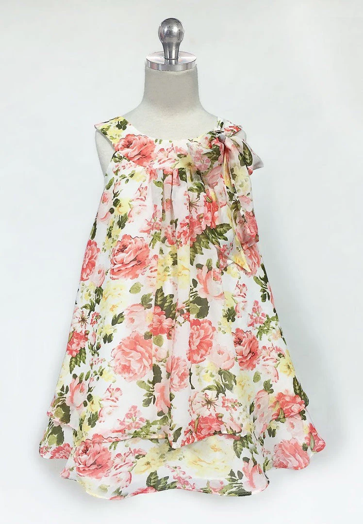 Calla Collection Flower Girl Dresses Girls Ivory/Pink Short Chiffon Floral Print Dress By Calla C621 6 Calla Collection Flower Girl Dresses Girls Ivory/Pink Short Chiffon Floral Print Dress By Calla C621
